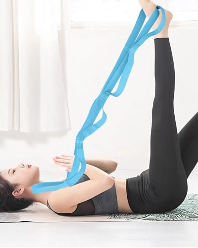 10 Loop Yoga Stretching Strap for Physical Therapy - Non-Elastic Exercise Band for Pilates, Yoga, Stretching for Women & Men - color: Light Blue