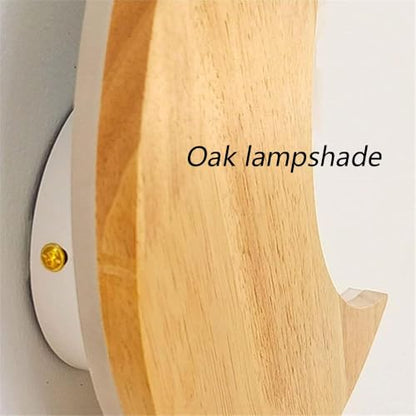Moon Shape Nordic Style Wall Sconce 11.9-Inch Oak Wood Wall Lamp with Pull Chain Switch 3 Color Temperatures Acrylic Crescent Light Fixture for Bedroom Study Hallway