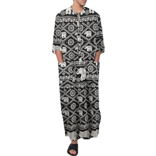 Lu's Chic Men's Kaftan Robe 3/4 Sleeve Long Gown Cotton House Coat Buttons Night Shirt Vintage Thobe Full Length with Pockets - color: Style3, size: Medium