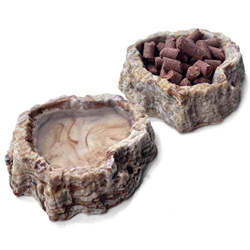 AcceLeah 2 Pack Reptile Food Bowls for Leopard Gecko Lizard Spider Scorpion | Reptile Water and Food Bowls with Tongs Imitating Natural Rock Breadworm Feeding reptile food bowl、reptile water dish - color: 2 Pcs light color