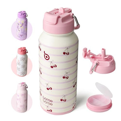 BOTTLE BOTTLE 32oz Insulated Water Bottle with Pill Box | Stainless Steel,Sport Water Bottle, with Straw Dual-use Lid and Pill Box, Design for Gym - color: Happy Cherry