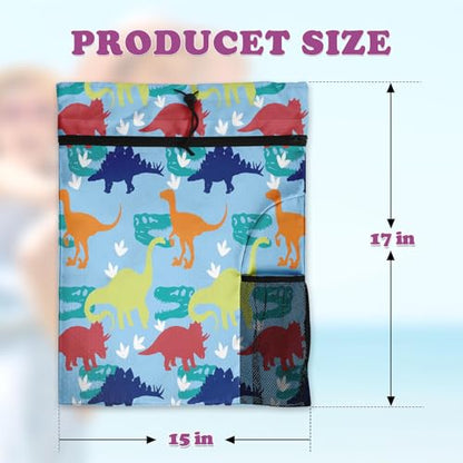 Dinosaur Drawstring Backpack, 15” x 17” Waterproof Swim Bag for Beach Swimming Pool, Lightweight Foldable Gym Bag with Water Bottle Holder for Sports Travel - color: Blue Cartoon Dinosaurs
