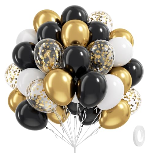 Black White and Gold balloons, 60pcs 12inch Black White Metallic Gold Confetti Balloons for Graduation 2025 Anniversary Birthday Party Decorations - color: Black Gold White