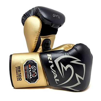 RIVAL Boxing RS100 Professional Lace-Up Sparring Gloves, Handcrafted with Super-Rich Microfiber PU, Ergonomically Designed to Perfectly Fit Your Hand - color: Black/Gold, size: 16 oz.