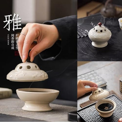 Ceramic Incense Burner | creamy white insence holder for Frankincense, Bakhoor, Charcoal, Stick, Powder, Cone, Coil, and Tower Incense