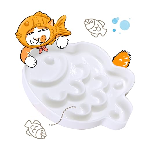Ceramic Cat Slow Feeder Bowl - Shallow Whisker Friendly Cat Plate for Dry and Wet Food - Puzzle Feeder for Slow Eating - Helps Reduce Vomiting - Microwave & Dishwasher Safe -Non Slip(White,6.3''W) - color: White