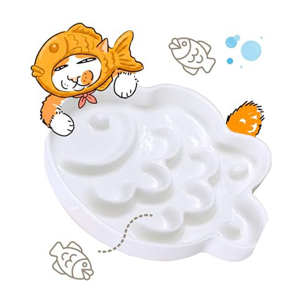 Ceramic Cat Slow Feeder Bowl - Shallow Whisker Friendly Cat Plate for Dry and Wet Food - Puzzle Feeder for Slow Eating - Helps Reduce Vomiting - Microwave & Dishwasher Safe -Non Slip(White,6.3''W) - color: White