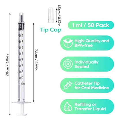 50Pack 1ml Syringes with Caps 1cc Small Oral Syringe Needleless | Plastic Syringe with Tip Cap Individually Wrapped for Scientific Labs, Liquid Measuring, Pet Feeding, Oil & Glue Dispenser - style: 1ml