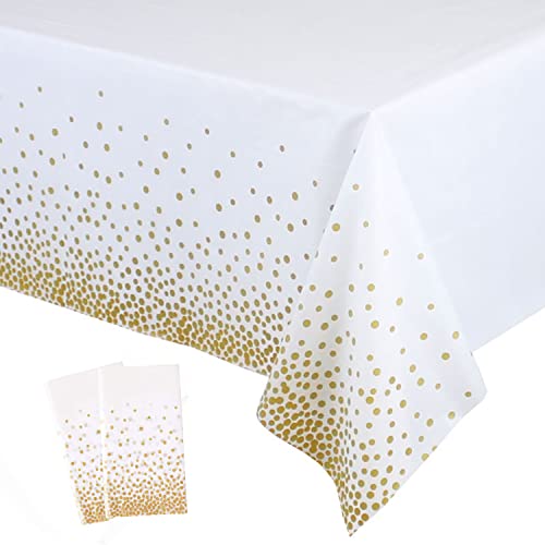 2 Pack White and Gold Tablecloth Disposable Gold Tables Tablecloths for Rectangle 54" x 108" Plastic Tablecloth Party Table Covers for Birthday Thanksgiving Christmas Wedding Outdoor BBQ (White) - color: White, size: 2 Pack