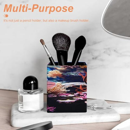 Coral Reef Fish Aquarium Square Pen Holders Classical Design Pencils Holders Makeup Brush Holders Leather Pen Holder Cup Desktop Stationery Organizer for Office Supplies