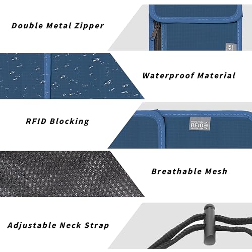 Travel Neck Wallet with RFID Blocking – Passport Holder Organizer Neck Pouch – Portable Easy to Conceal Travel Pouch (Dark Blue) - color: Dark Blue