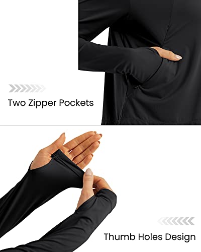 G4Free Skimetic Womens UPF 50+ Sun Hoodie Shirts - Quick Dry Running Jacket Long Sleeve Rash Guard Zip Pocket Hiking Athlete - color: Black, size: X-Small