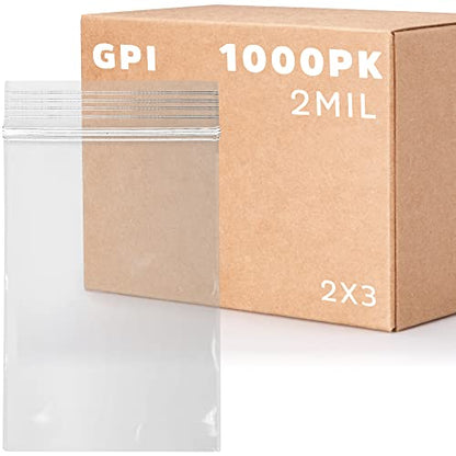 GPI - 1000 Count, 2" x 3" Clear Plastic Resealable Zip Bags, Bulk 2 Mil, Strong & Durable Poly Baggies with Resealable Zip Top Lock for Travel, Storage, Packaging & Shipping - size: 2" x 3"