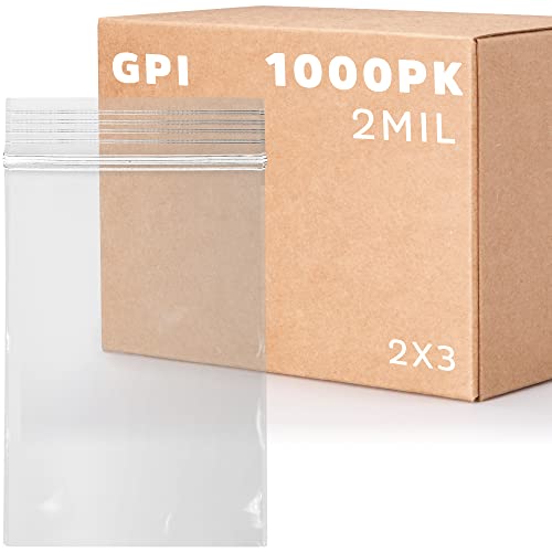 GPI - 1000 Count, 2" x 3" Clear Plastic Resealable Zip Bags, Bulk 2 Mil, Strong & Durable Poly Baggies with Resealable Zip Top Lock for Travel, Storage, Packaging & Shipping - size: 2" x 3"