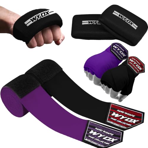 WYOX Boxing Hand Wraps & Gel Knuckle Guards Set for MMA, Muay Thai & Kickboxing - 2 Pair Hand Wraps + 1 Pair Knuckle Guards - Hand Wrist Protection for Men & Women Training - color: Purple/Black