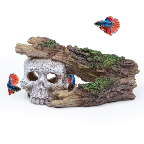 Skull Fish Tank Decor, Resin Aquarium Cave with Realistic Tree Trunk, Hollow Hideout for Betta Fish, Shrimp and Small Fish, Gothic Aquarium Ornament, 5.7 in