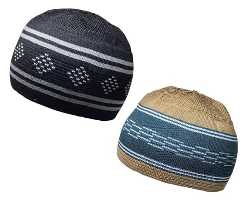 Set 2 PCS Muslim Beanies Kufi Hat for Men AMN-225B Skull Cap Islam Taqiyah Takke Eid Ramadan Gift - color: Color I