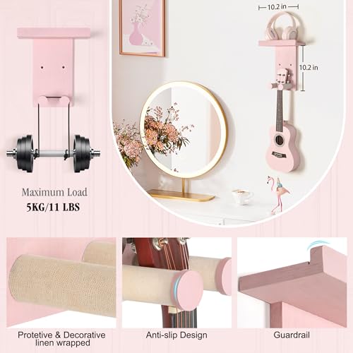 Keebofly 2-Pack Guitar Wall Mount Hanger with Shelf & Pick Holder - Wood Wall Hook for Acoustic, Electric, Bass Guitars, Ukulele (Screw-Mounted, Pink) [Patented] - color: 2 Pack_Pink