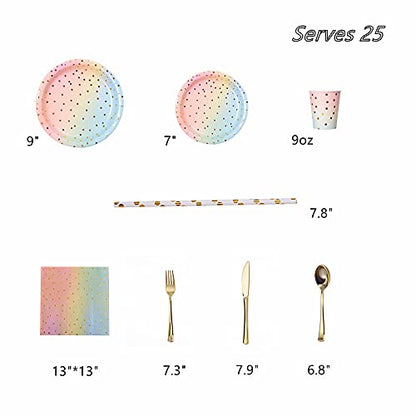 200PCS Rainbow Pastel Party Supplies Set-Disposable Paper Dinnerware Serves 25, Pastel Paper Plates Napkins Cups&Gold Plastic Silverware Sets for Wedding Birthday Baby Shower Holiday Parties(Colorful) - color: Colorful