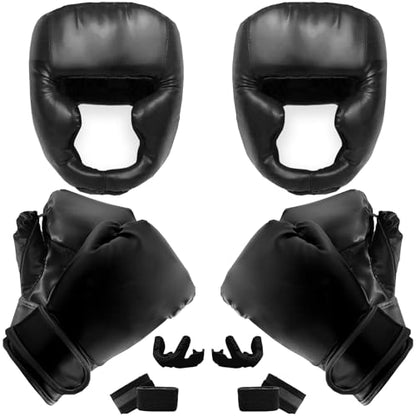 14 Pcs Boxing Set Boxing Equipment Set for Beginners Including 2 Pair of 6 oz Boxing Gloves Headgear Helmet Hand Wraps Mouth Guards Gifts Training Equipment - color: Black & Black