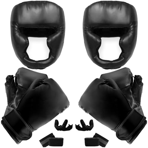 14 Pcs Boxing Set Boxing Equipment Set for Beginners Including 2 Pair of 6 oz Boxing Gloves Headgear Helmet Hand Wraps Mouth Guards Gifts Training Equipment - color: Black & Black