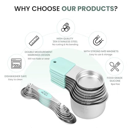 Magnetic Measuring Cups and Spoons Set-Heavy Duty 304 Stainless Steel | Double Measurement Markings,BPA-Free,Set of 16 with Leveler for Measuring Dry and Liquid Ingredients(Mint) - color: Mint