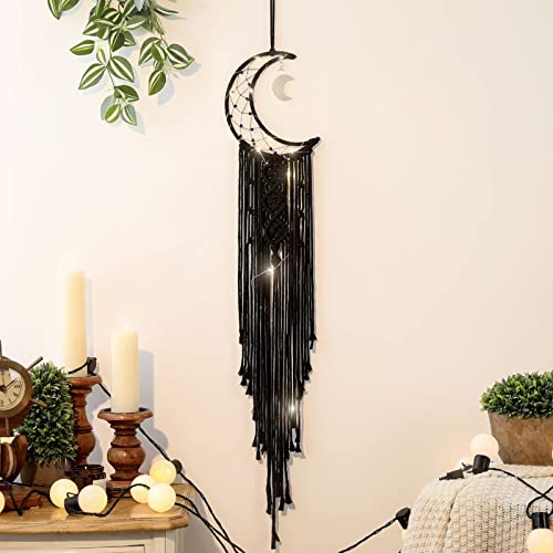 Black Macrame Moon Dream Catcher with Light, Witchy Boho Decor Wall Hanging - color: Black, size: With Light