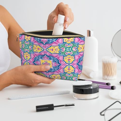 Leather Makeup Bag for Purse, Waterproof Small Toiletry Bag with Zipper, Cute Cosmetic Bags for Women, Pink Blue Islamic Pattern Travel Pouch - color: Pink Blue Islamic Pattern