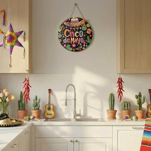 Smile Cinco De Mayo Wooden Round Door Hanger, Mexican Fiesta Themed Front Door Sign with Sombrero & Cactus for Party Decor - style: Sombrero