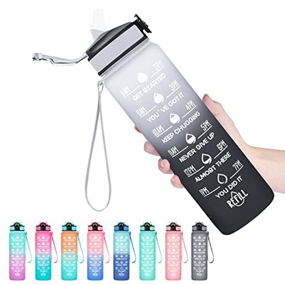 Hyeta Water Bottle with Straw & Time Marker, Plastic 32oz Leakproof | Motivational Tritan BPA Free Gym Office Outdoor Intake Tracker Hourly Reminder Straw Lid Carry Strap - color: Gray-Black