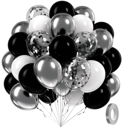 60pcs Black and Silver Balloons 12inch, Black and White Balloons with Metallic Silver Confetti Balloons for Baby Shower Wedding Birthday Graduation Party Decorations - color: Black White Silver