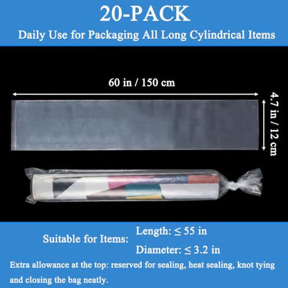 20PCS 4.7" x 60" Extra Long Clear Plastic Sleeves for Posters and Banners | Heavy Duty, 2 Mil Thick, Flat Open, Long Tube Storage Bags for Packaging Blueprint, Fishing Rods & Large Narrow Items - color: 4.7" x 60"-20PCS