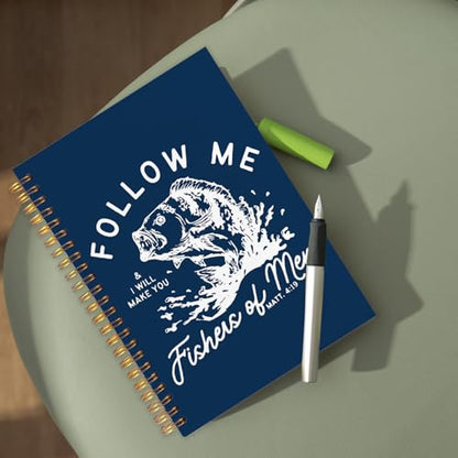 WUCHJ Dark Blue Retro Fish Christian Notebook, Matthew 4:19 Bible Verse Journal, Religious Scripture Spiral Notebook Journal for Note Taking, Christian Faith Based Gifts for Women Men, 5.5x8.3 Inch - color: dark blue fish follow me