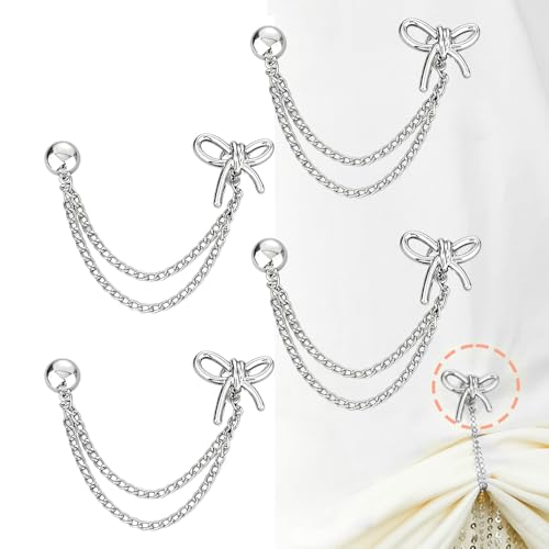 Ouliget Multi-Function Magnetic Clothing Clips,Pinless Brooch Chain Magnetic Buttons Shawl Clips for Hijab, Loose T-Shirt Hems, Sleeves, Collar and Pants Hems,4 Pieces (Silver Bow) - color: Silver Bow
