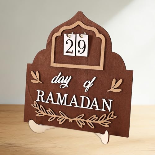 Wooden Ramadan Countdown Calendar, 7.87x7.68in/20x19.5cm Delicate Eid Advent Calendar Decorations for Eid Mubarak Home Decor Gifts(Brown)