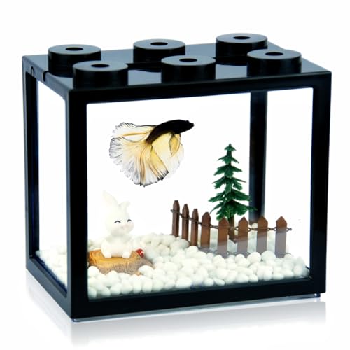 Small Betta Fish Tank, Stackable Mini Aquarium Tank Kit with Aquarium Gravel & Forest Micro Landscape, 0.6 Gallon Acrylic Cube Fish Bowl for Sea Monkeys Shrimp Snails (Black) - color: Black