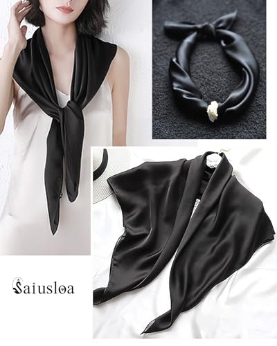 Saiusloa Solid Color Neck Scarf For Women Square Satin Head Scarves headband Bandanas 23.6× 23.6 inches - color: 1-black