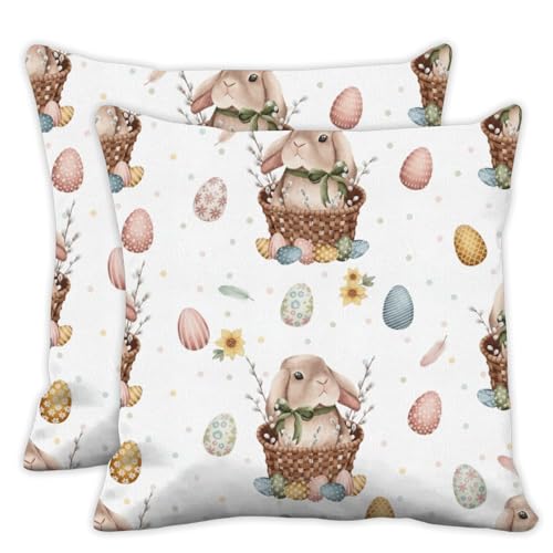 watercolor easter bunny pillow covers 18x18 easter pillow covers set of 2 decorative colorful eggs pillows cover cute rabbits pillows cover for couch sofa living room brown pink blue pillowcover - color: Easter Bunny Egg