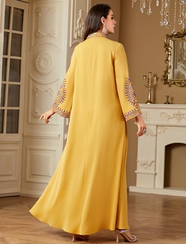 ABEWIP Muslim Dresses for Women Ramadan Kimono Long Sleeve Embroidered Islamic Prayer Dress Turkey Dubai Eid Abaya Kaftan - color: Yellow, size: XX-Large