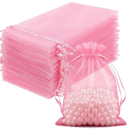 FUNFERY 100PCS Pink Organza Gift Bags 4x6in,Drawstring Pouch for Jewelry - color: Pink-4"x6"