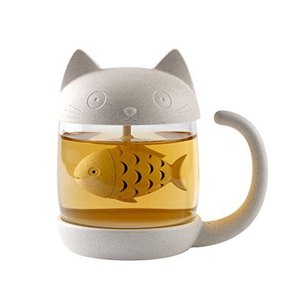 10 oz Cute Cat Glass Cup Tea Mug With Fish Tea Infuser Strainer Filter