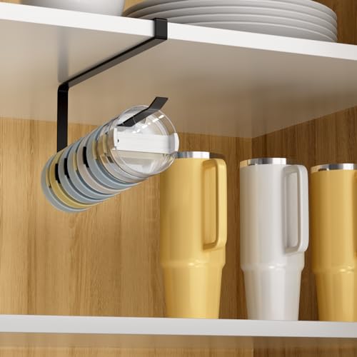Quehun Tumbler Lid Organizers, Ample Lid Capacity Up to 15 Lids, No Adhesive No Drill Tumbler Lid Organizer Holder Inside Cabinet, Space-Saving Tumbler Cup Lid Holder Organizer