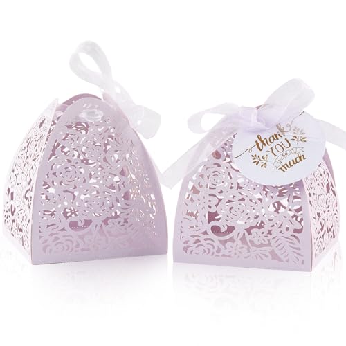 Pack of 50 Purple Wedding Party Favor Boxes with Thank You Cards 2.36x2.36" - color: Purple