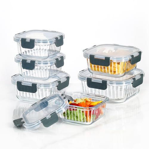 Glass Fluted Ombre grey Leak-Proof 6-Piece Set Food Storage Containers, Food Containers with Lids, Meal Prep Containers. (Square) - size: Square