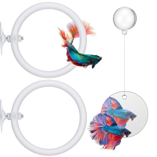 2 PCS Betta Fish Exercise Ring, 2 Exercise Training Ring and 1 Fish Mirror with Balls Betta Enrichment Toys with Suction Cup for Small Medium Fishes Bettas Aquarium, White