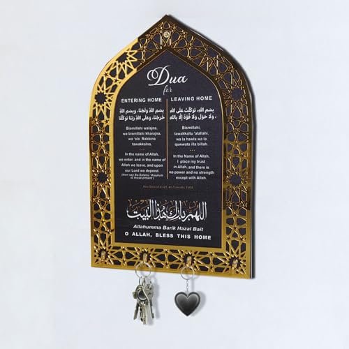 Islamic Wall Art, Acrylic Wood Wall Hanging Organizer with Hooks, Ramadan Mubarak Eid Mubarak Decor, Crescent Moon Key Holder, Islamic Home Decor for Entryway, Ramadan Eid Gifts for Women, Gold-Black - color: Gold-Black