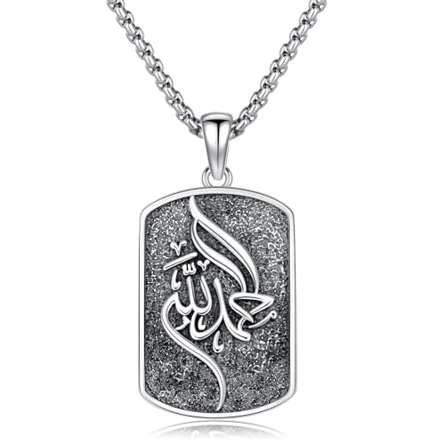 Allah Necklace 925 Sterling Silver Islamic Muslim Necklace Arabic Calligraphy Allah Dog Tag Pendant Islamic Jewelry gifts for Men Women - style: Allah-Alhamdulillah
