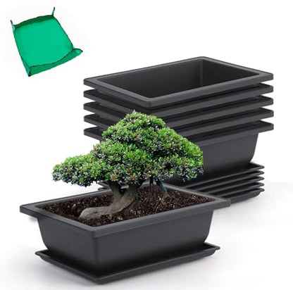 GROWNEER 6 Pack 9 Inch Bonsai Pots with Drainage Humidity Trays, Bonsai Tree Training Pot with 1 Repotting Mat, Rectangle Planter Plants Container Succulent Growing Pot for Garden Outside Indoor - size: 6pcs/9x6.6in