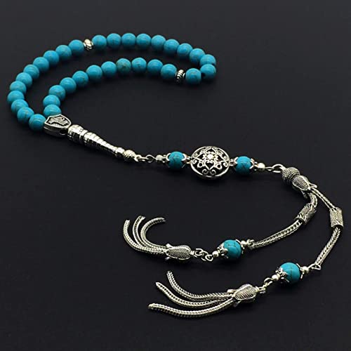 Design - New Long & Stylist Tassels Worry Beads - Prayer Beads (8 mm-33 Beads) Tesbih-Tasbih-Tasbeeh-Misbaha-Subha-Sebha-Sibha-Rosary (Synthetic Turquoise Stone - Twin Tassel) - color: Synthetic Turquoise - Twin Tassel