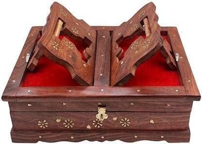 Wooden Foldable Holy Book Stand with Storage Box, Brass Inlay Design, Antique Finish, Brown, for Quran, Bible, Gita